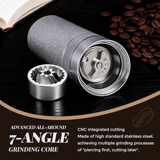 Manual Coffee Grinder CNC Stainless Steel Conical Burr Coffee Grinder Hand with 60 Adjustable Coarseness For Espresso, Drip Coffee, French Press Portable Coffee Bean Grinder (Silvery)