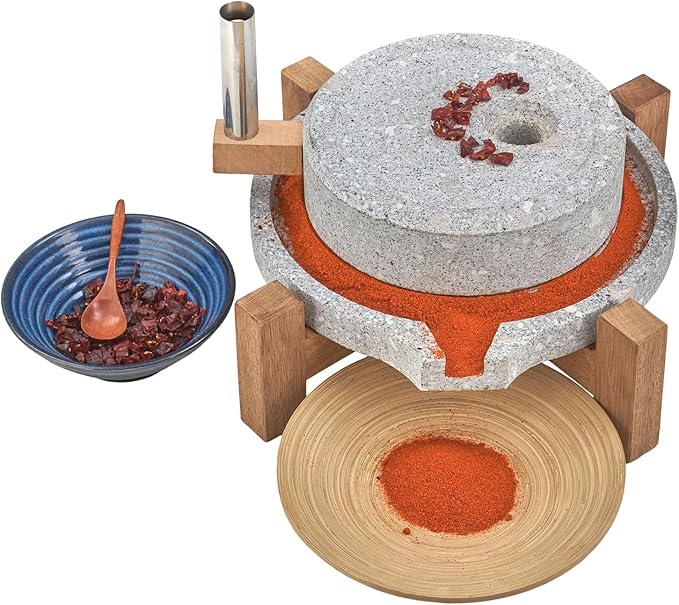 Stone Grain Mill - Manual Flour Mill with Stable Wood Base, Natural Granite Stone Grinder Mill for Dry & Wet Use, Home Kitchen Tool (11.8 x 15.8 inch)
