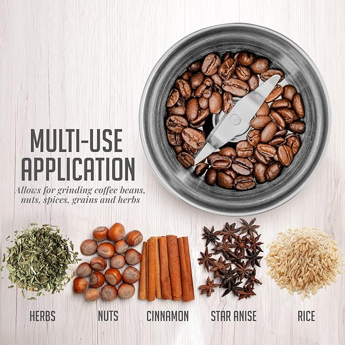 OVENTE Electric Coffee Grinder, 200W Powerful Coffee Bean & Spice Grinder with 2.1 Oz Removable Grinding Bowl, Stainless Steel Blade, Push Power Button, Transparent Lid & Anti-Skid Feet, Silver CG620S