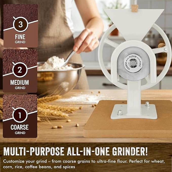 Manual Hand Grain Mill White | Heavy-Duty Hand Operated Food Grinder for Wheat, Corn, Oats, Coffee Beans, Rice & Dry Grains | Hand Crank Kitchen Flour Mill for Home, Camping, Survival & Everyday Use