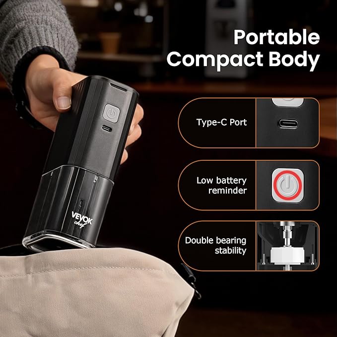 VEVOK CHEF Portable Electric Coffee Grinder,Adjustable Conical Burr Coffee Bean Mill,One-Button Grinder with USB Rechargeable,Auto‑Stop for Espresso to French Press,for Outdoor Use(Black)