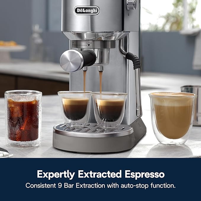 De'Longhi Dedica Duo Compact Espresso Machine - Cold Brew Coffee Maker with Milk Frother Wand- for Espresso, Hot & Iced Coffee, Cappuccinos, Lattes & Home Barista Brewing, Stainless Steel Finish