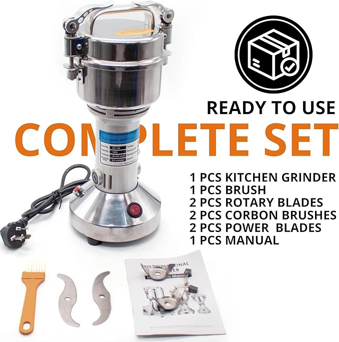 High Speed Electric Grain Mill Grinder – Silver 150g Capacity Flour Grinder with 304 Stainless Steel Blades and Accessories Compact Automatic Grain Mill for Flour Nuts Spices Coffee Herbs