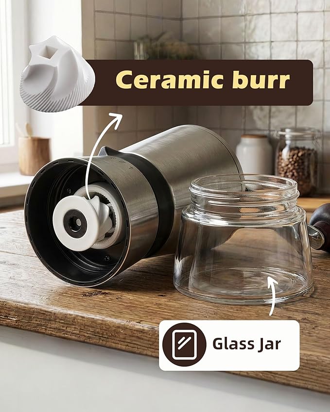 4cups Large Capacity Manual Coffee Grinder with Handle Crank, Conical Ceramic Burr Mill, Adjustable Grind Settings, Glass Jar, Handheld Coffeegrinder for Home Use,Travel, Camping, Quiet and Portable
