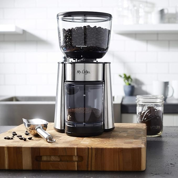 Mr. Coffee Automatic Burr Mill Coffee Grinder with 18 Custom Grinders Silver