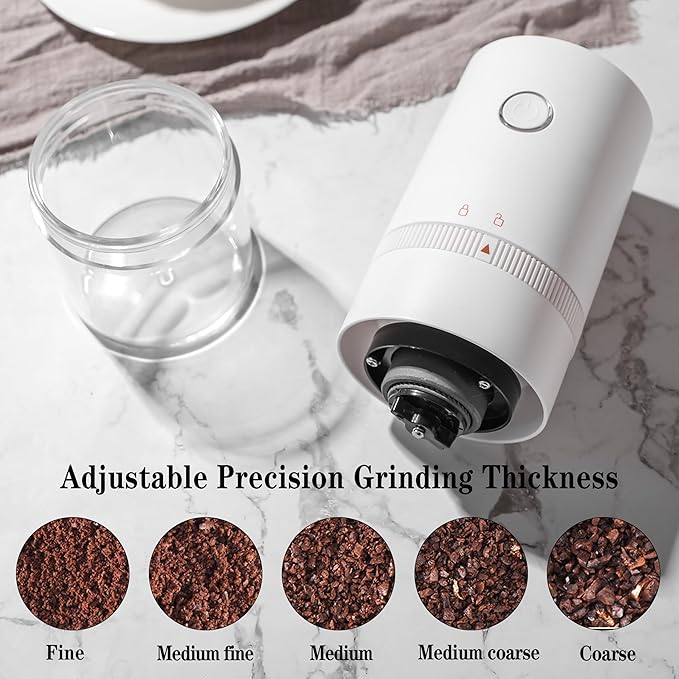 Coffee Grinder USB Rechargeable Electric Burr Coffee Grinder for Espresso, French Press, Travel, Camping (White)