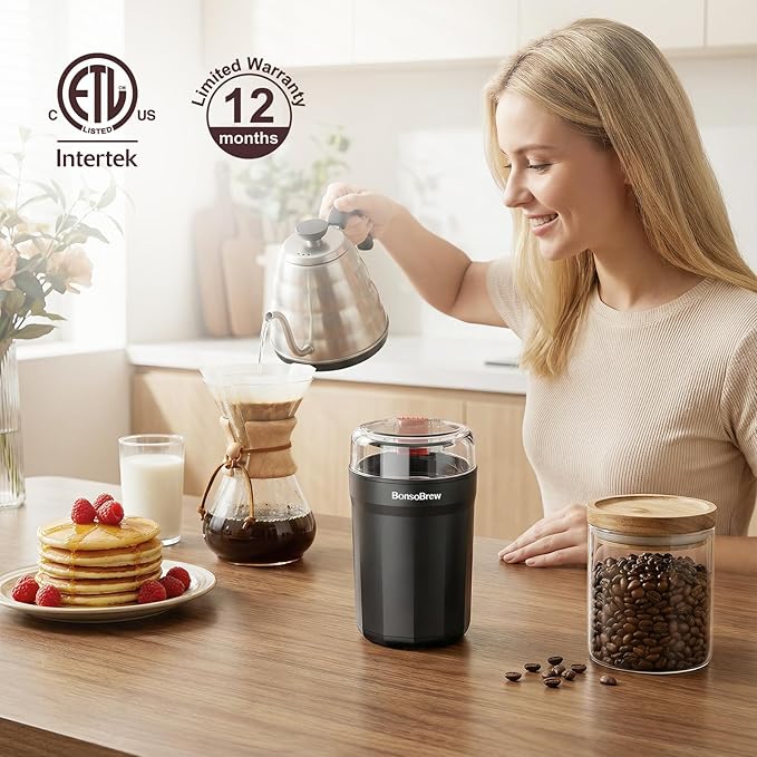 Electric Coffee Grinder, 180W Coffee and Spice Grinder for Coffee Beans, Herbs, Grains, Seeds - One Touch Safety Lid with Stainless Steel Blades - 2.5oz Capacity Includes Cleaning Brush