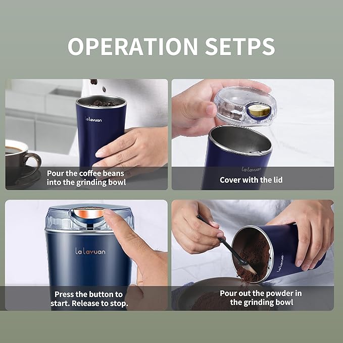 Electric Coffee Grinder, 200W, Stainless Steel Cutter Head, Portable, Household Spice Grinder, 28,000 RPM, Can Make 12 Cups of Coffee At A Time, Suitable for Office Camping (Blue)