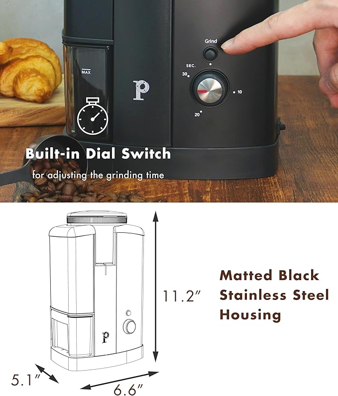 PALICO Aroma Coffee Grinder - 48mm Stainless Steel Conical Burrs, 17 micro-adjustable grind settings, 250g Bean Hopper Capacity, removable burrs & hopper, low RPM motor (Matt Black)