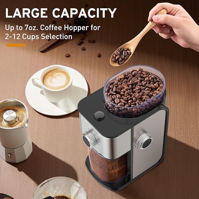 Burr Coffee Grinder Electric, Adjustable Flat Burr Coffee Grinder, Coffee Beans Grinder for Home Use, Compact with 14 Grind Sizes for Home & Office