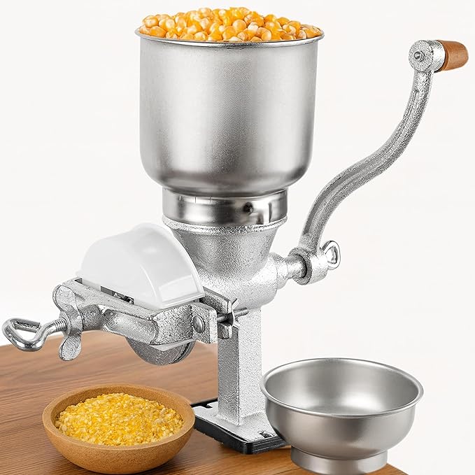 Manual Grain Mill Grinder – Cast Iron Hand Crank Mill with 2 Hoppers for Corn Wheat Coffee Flour Silver Grain Grinder Manual for Kitchen Includes Plate Cover Rubber Pad Extra Pin