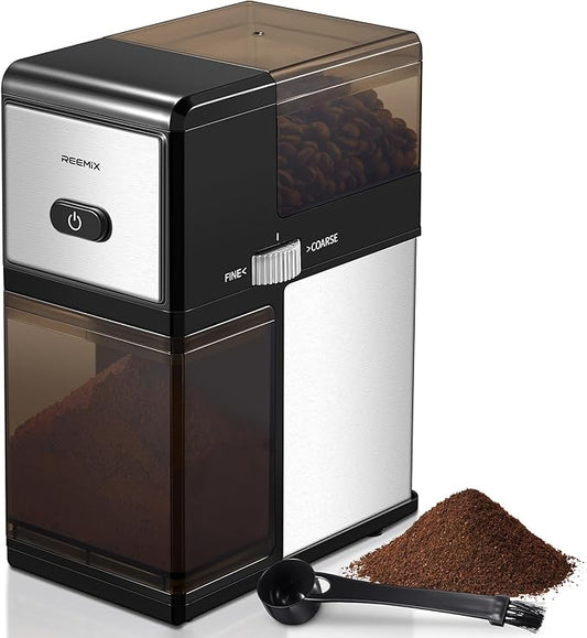 Electric Burr Coffee Grinder, Reemix Automatic Flat Burr Coffee for French Press, Drip Coffee and Espresso, Adjustable Burr Mill, Black+Silver