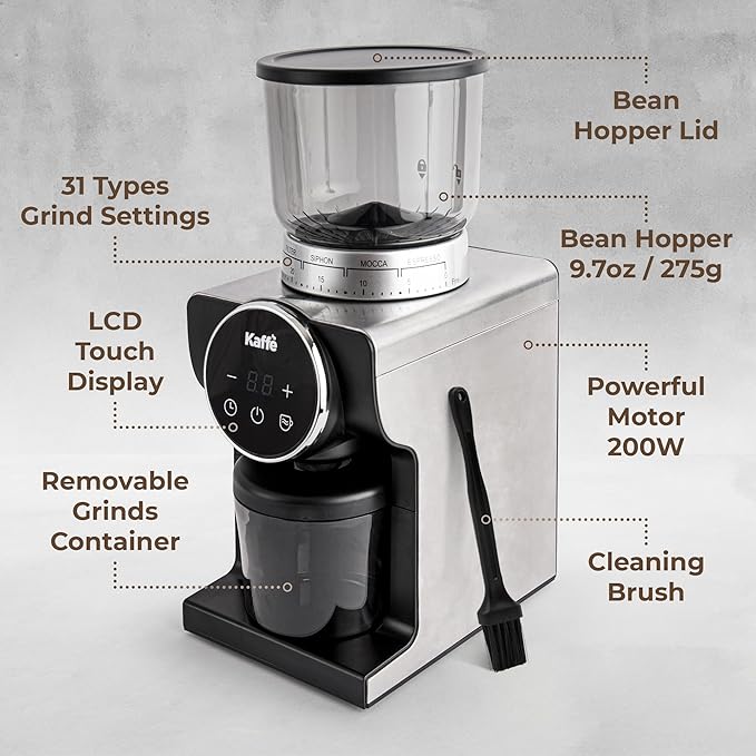 Kaffe Electric Burr Coffee Grinder (9oz) w/ 31 Adjustable Coarseness Settings - Conical Burr - [New Touch Screen w/Timer & Cup Selector] - Precision Coffee Bean Grinder for Home Use - Stainless Steel