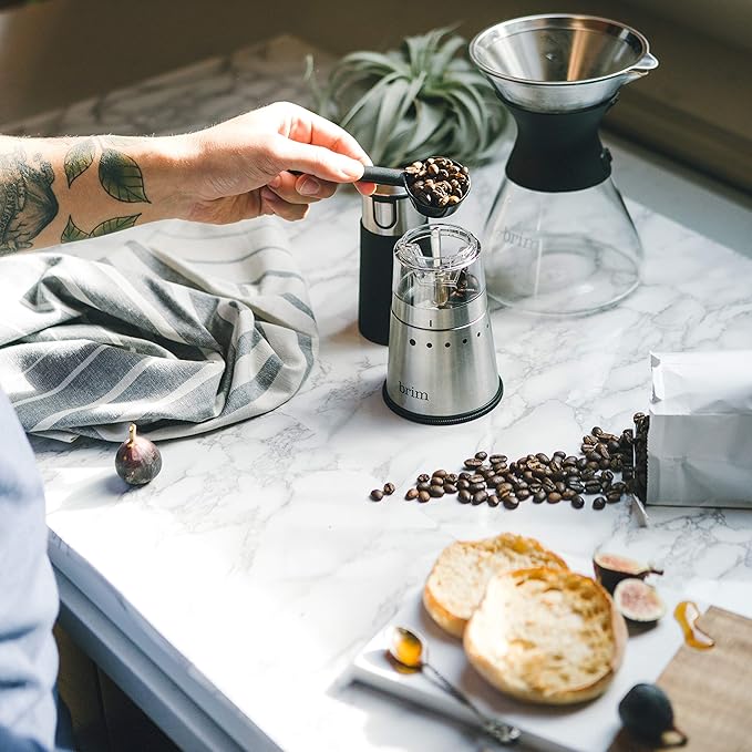 Brim Electric Handheld Burr Coffee Grinder, Simple One-Touch Operation, 9 Precise Grind Settings from Espresso to French Press, Removable 30g Ground Container for Easy Clean Up, Stainless Steel/Black
