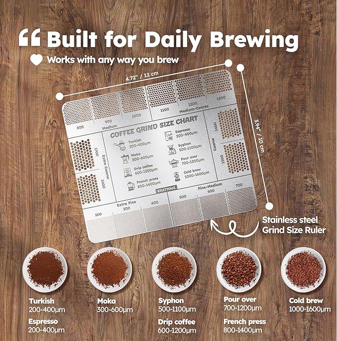 Stainless Steel Coffee Grind Size Ruler – Laser-Engraved Brew Reference & Micron Grind Chart, Burr Grinder Calibration Tool for Espresso, Pour Over, French Press & Cold Brew