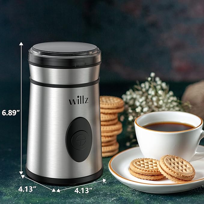 Willz Electric Coffee Grinder for Coffee Beans, Spices, & Herbs with Easy On/Off Button Control, 50g Grinding Capacity, Makes up to 6 cups, 200W, Stainless Steel
