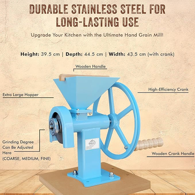 Manual Hand Grain Mill Blue | Heavy-Duty Hand Operated Food Grinder for Wheat, Corn, Oats, Coffee Beans, Rice & Dry Grains | Hand Crank Kitchen Flour Mill for Home, Camping, Survival & Everyday Use
