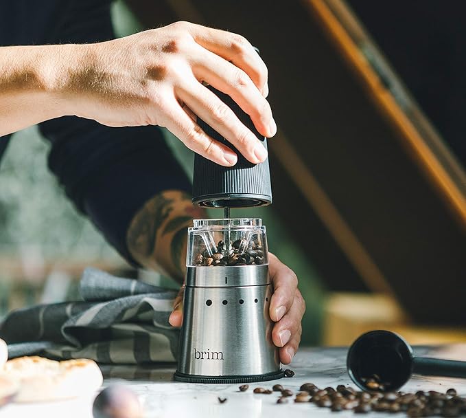 Brim Electric Handheld Burr Coffee Grinder, Simple One-Touch Operation, 9 Precise Grind Settings from Espresso to French Press, Removable 30g Ground Container for Easy Clean Up, Stainless Steel/Black