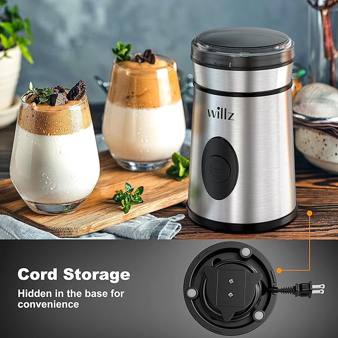 Willz Electric Coffee Grinder for Coffee Beans, Spices, & Herbs with Easy On/Off Button Control, 50g Grinding Capacity, Makes up to 6 cups, 200W, Stainless Steel