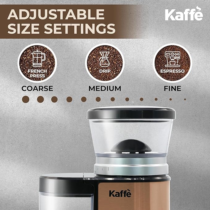 Kaffe Electric Burr Coffee Grinder (5.5oz) w/Adjustable Precise Coarseness Settings - Flat Burr - [Improved Motor] - Precision Coffee Bean Grinder for Home Use - Copper