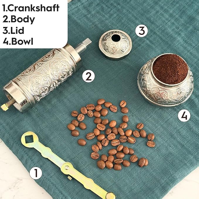 Decorative Handmade Coffee Grinder, Refillable Turkish Spice Mill, Manual Coffee Mill with Handle, Coffee Grinder Metal with Hand Crank 18 cm-7.1 inch (Silver)