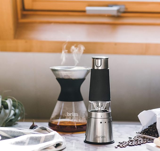 Brim Electric Handheld Burr Coffee Grinder, Simple One-Touch Operation, 9 Precise Grind Settings from Espresso to French Press, Removable 30g Ground Container for Easy Clean Up, Stainless Steel/Black