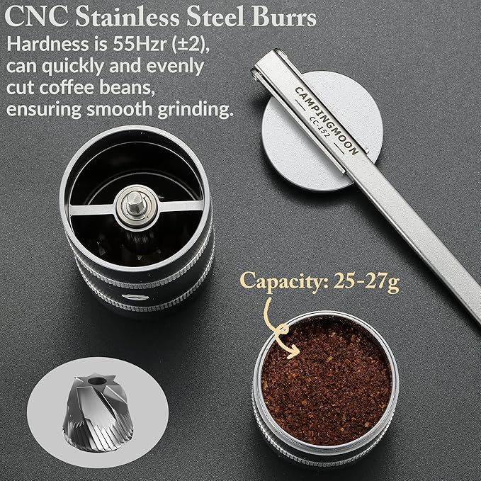 CAMPINGMOON Portable Manual Coffee Grinder, Stainless Steel Burr, Foldable Handle, Hand Grinder for Camping & Travel CC-115,CC-152 (Silver, M (25-27g))