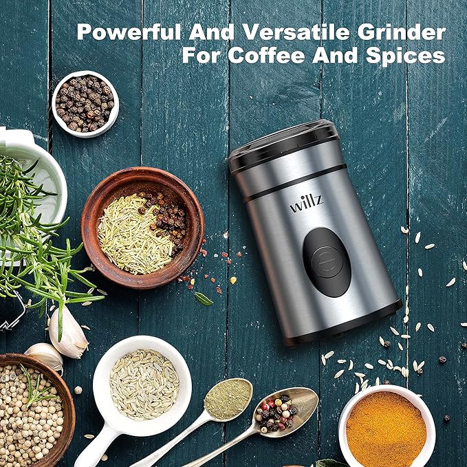 Willz Electric Coffee Grinder for Coffee Beans, Spices, & Herbs with Easy On/Off Button Control, 50g Grinding Capacity, Makes up to 6 cups, 200W, Stainless Steel
